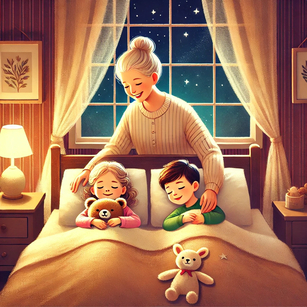 DALL·E 2025-01-04 21.12.31 – A heartwarming illustration of a grandmother tucking her granddaughter and grandson into bed. The cozy bedroom is softly lit by a warm bedside lamp. T